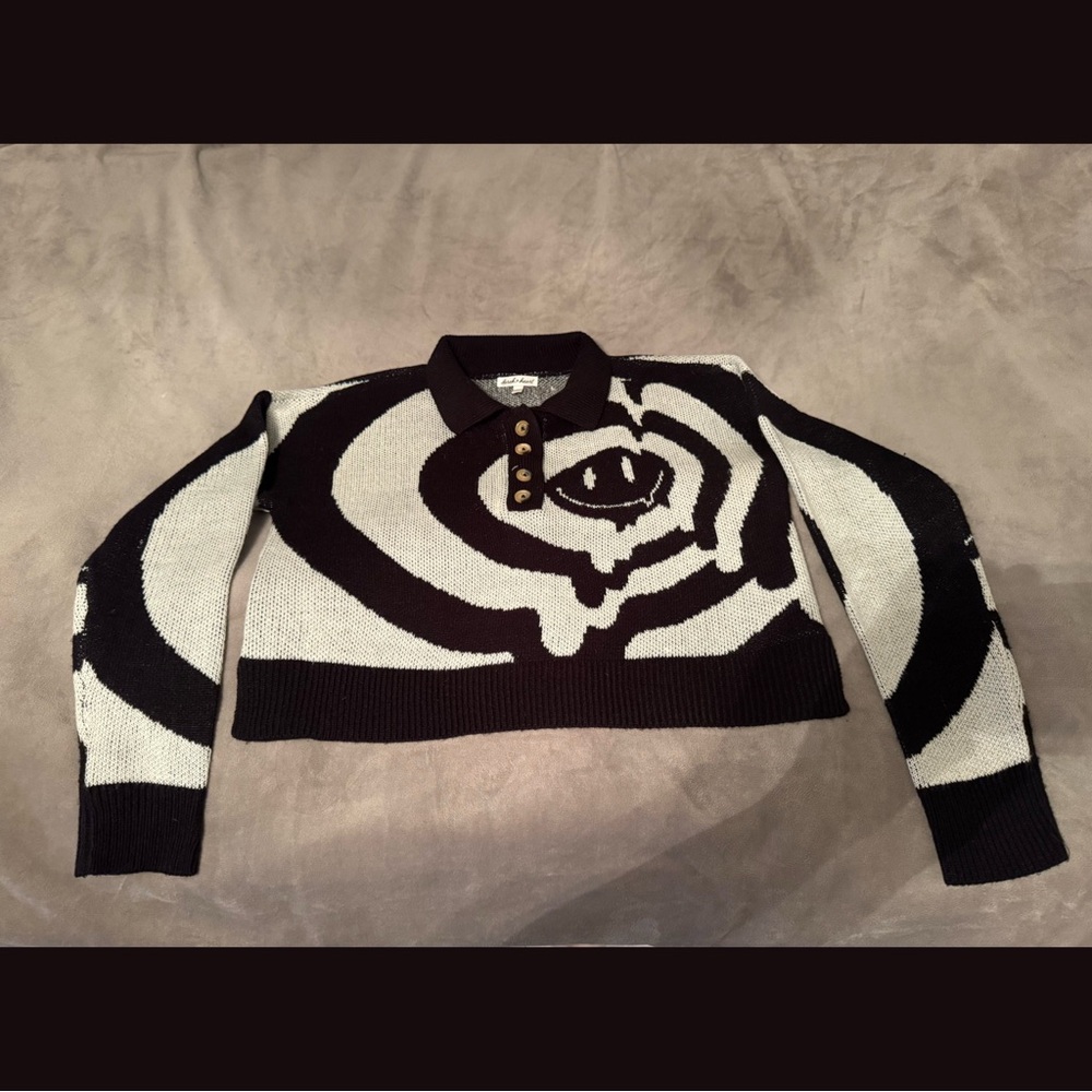 Graphic Black & White Cropped Polo Sweater